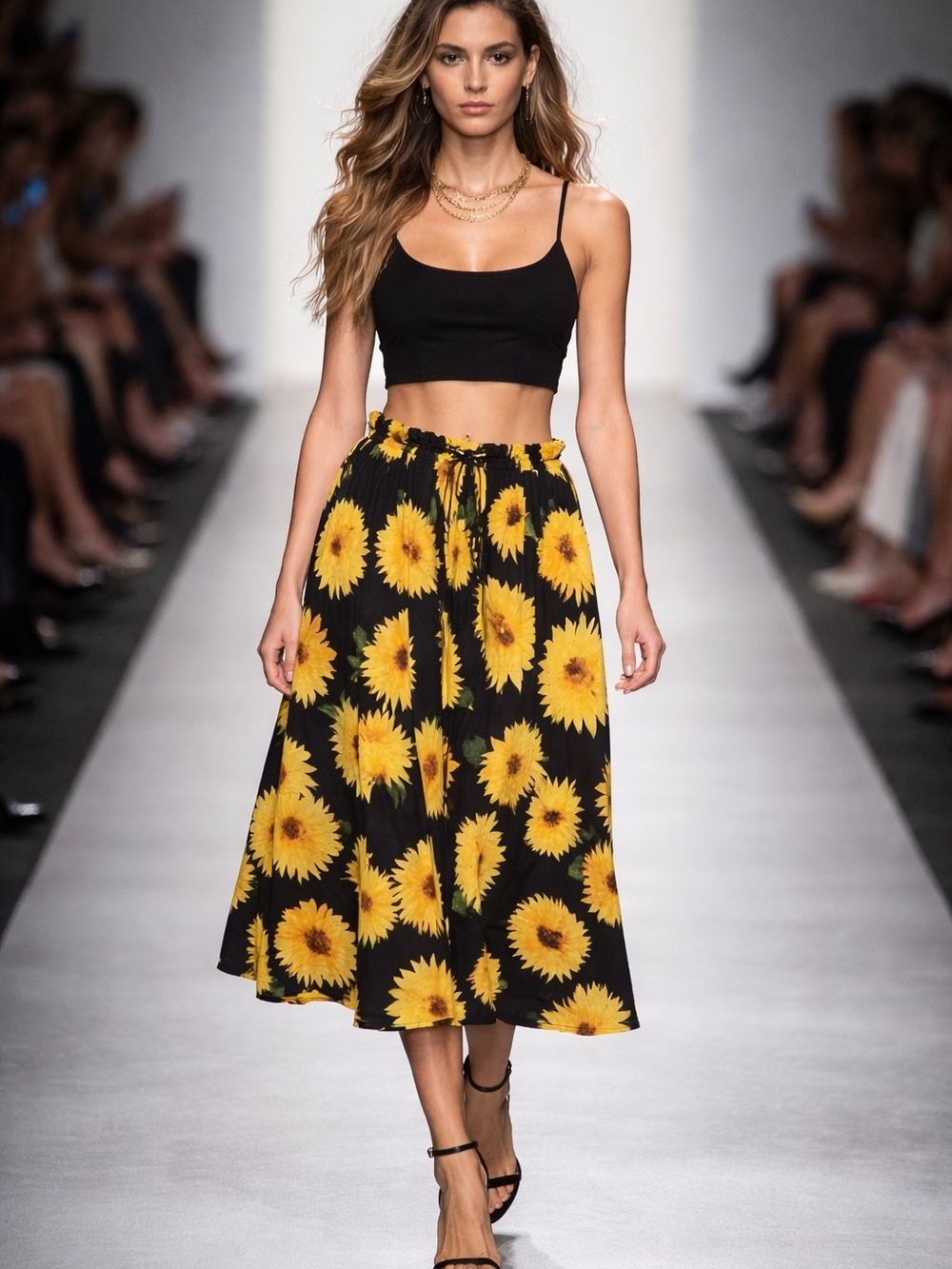 Her Destiny Black Midi Skirt with Yellow Sunflower Print